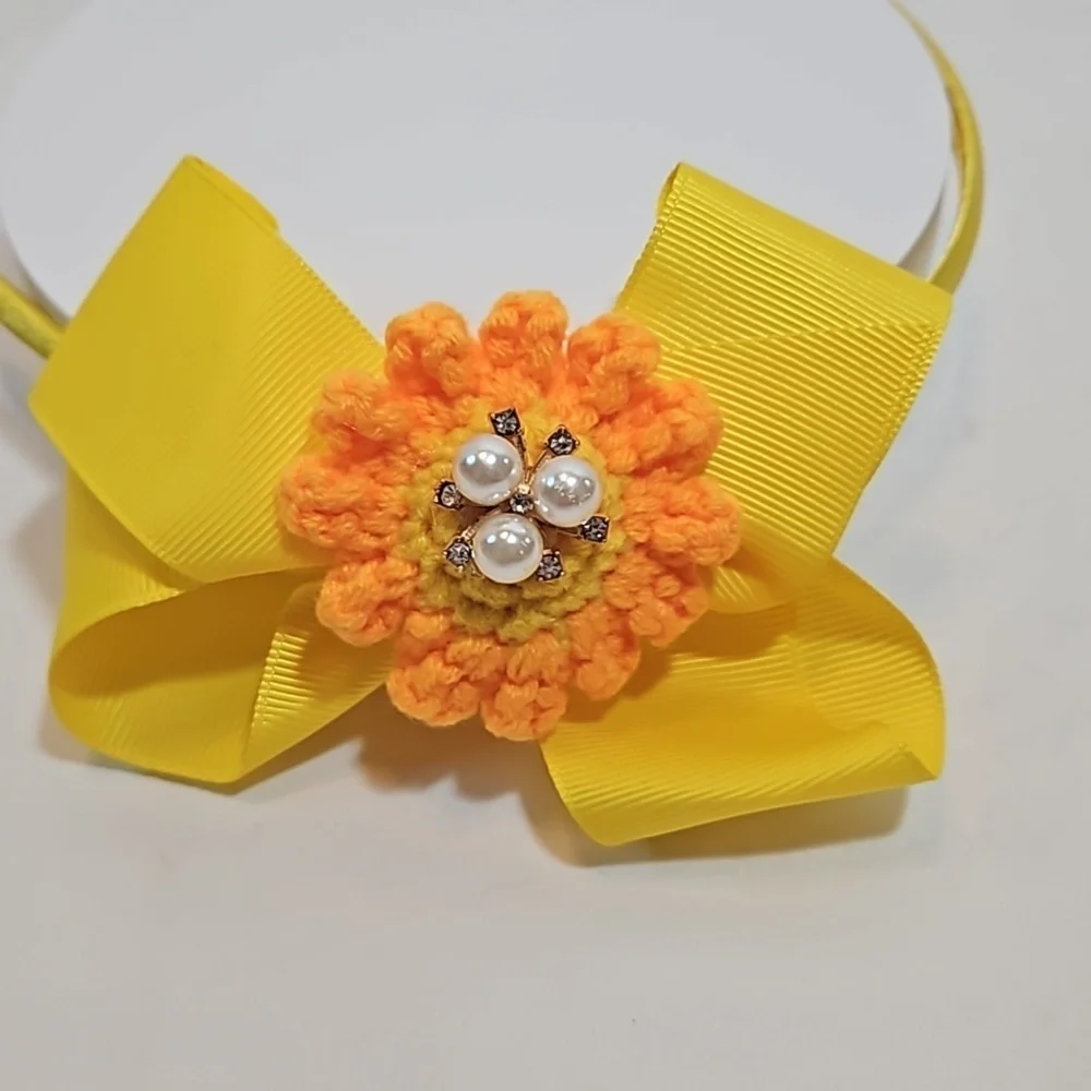 Hand Crafted yellow bow hairband hand crochet flower faux pearls beads floral